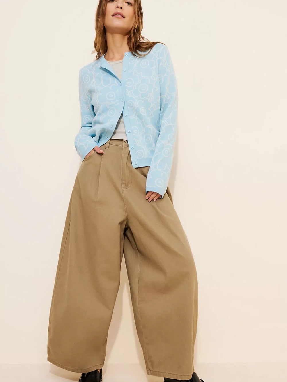 Marimekko Light Blue Cardigan with Wide-Leg Tan Pants